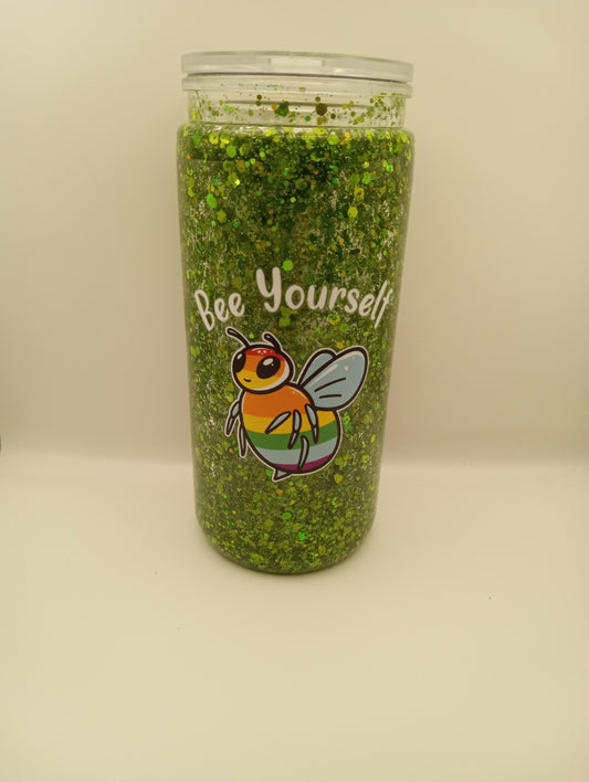 Rainbow Bee Snowglobe Tumbler 20oz - Colorful Glitter Travel Cup
