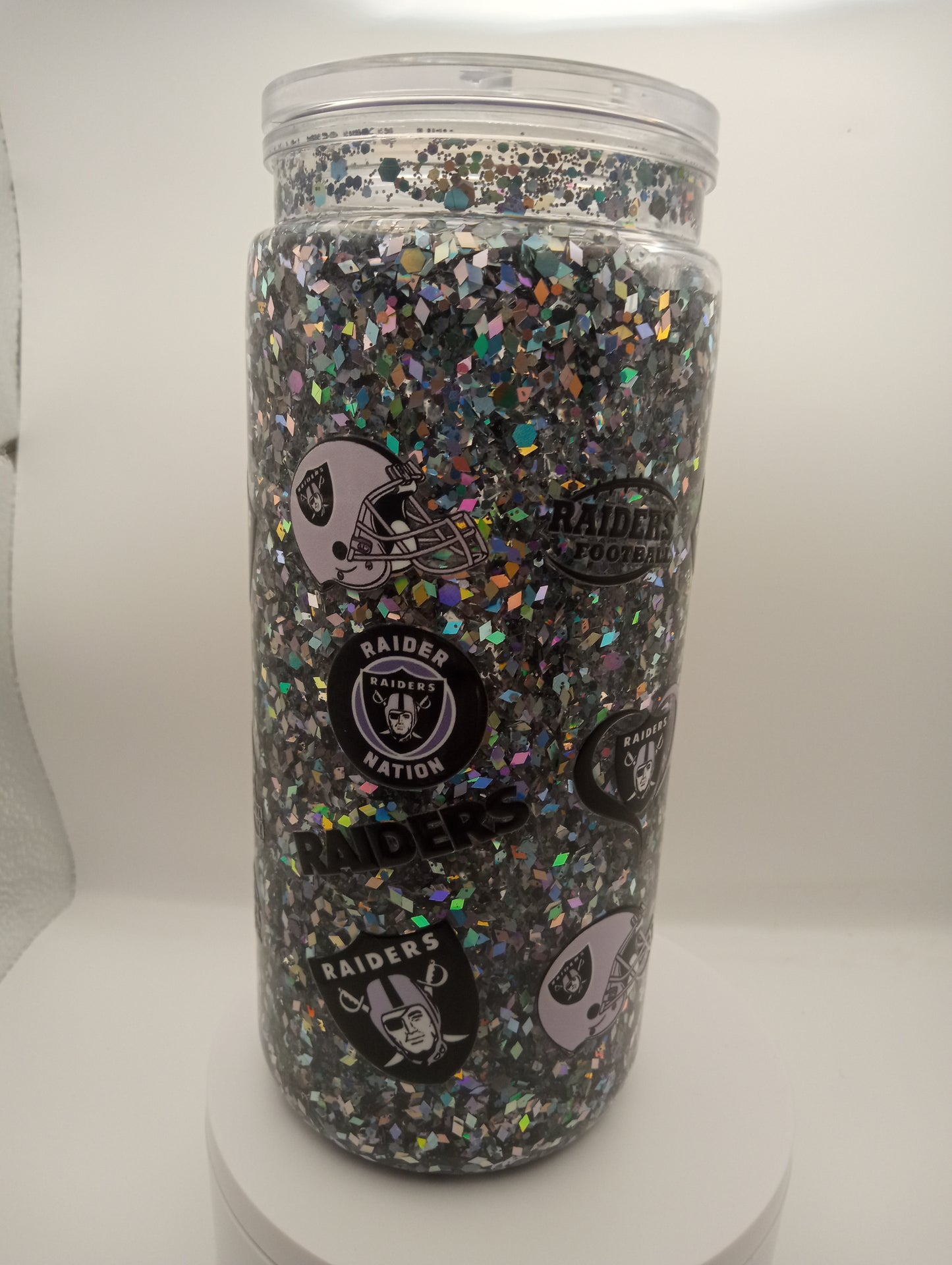 Raider Themed Snowglobe Tumbler 20oz - Black Silver Glitter Sports Cup