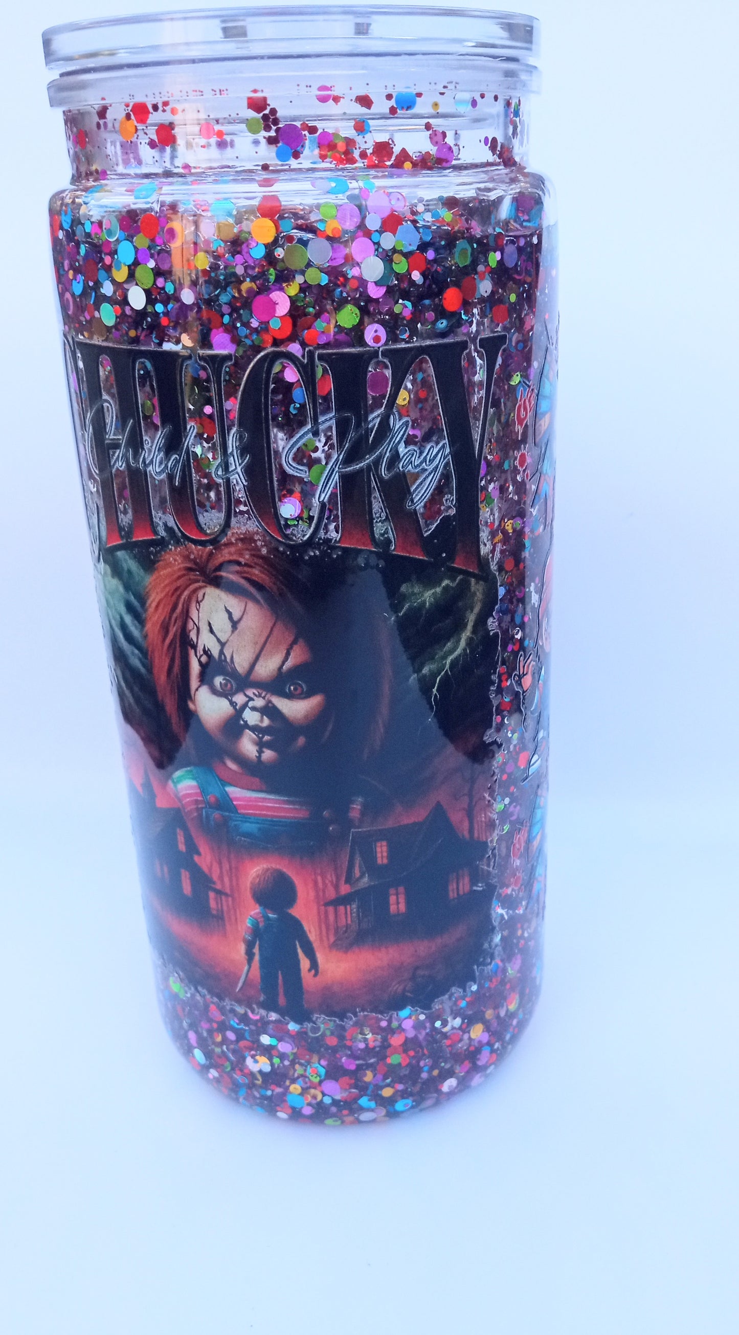 Chucky Horror Movie Snowglobe Tumbler - 16oz Plastic Travel Cup with Lid