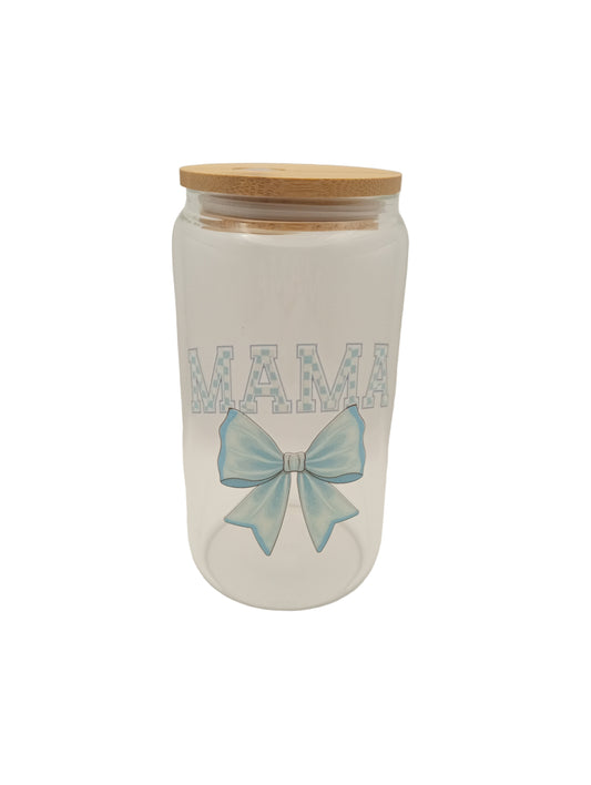 Heart-shaped card with a blue bow and 'Mama' text on a white background