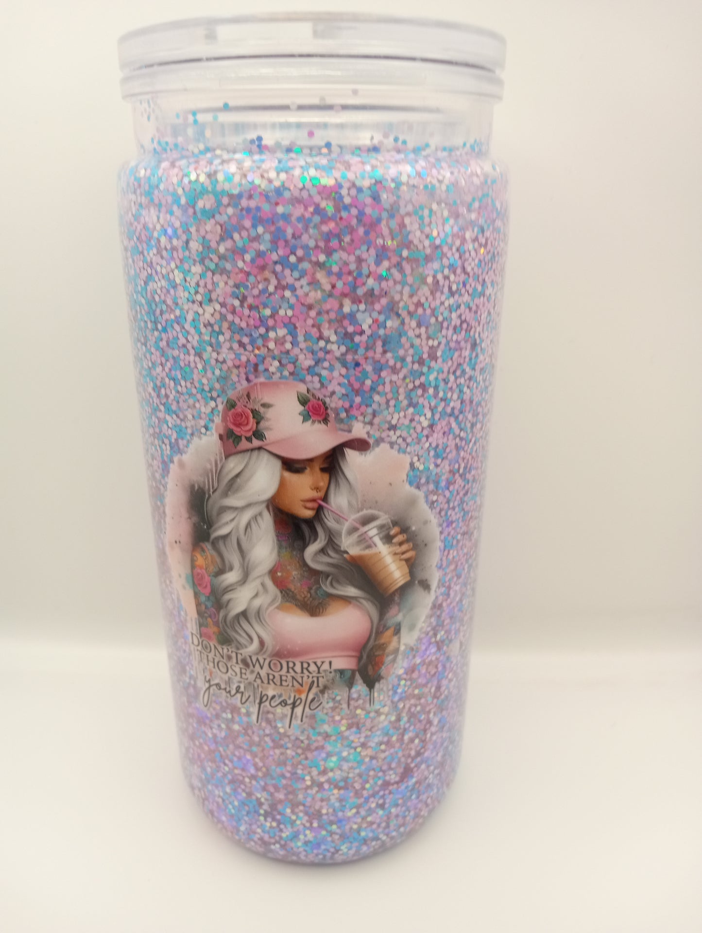 Pink Pretty Girl vibe themed 20oz snowglobe tumbler