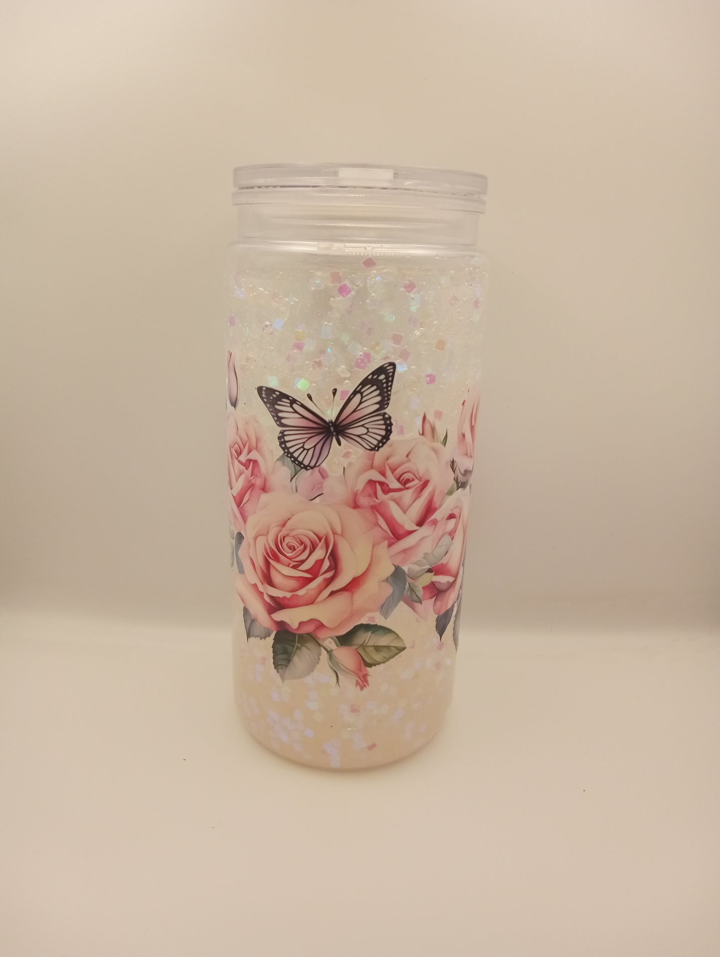 🔥 ONLY 2 LEFT! Rose & Butterfly Snowglobe Tumbler 20oz - Magical Glitter Travel Cup