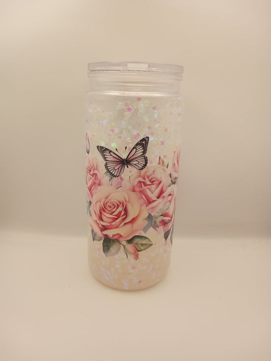 🔥 ONLY 2 LEFT! Rose & Butterfly Snowglobe Tumbler 20oz - Magical Glitter Travel Cup