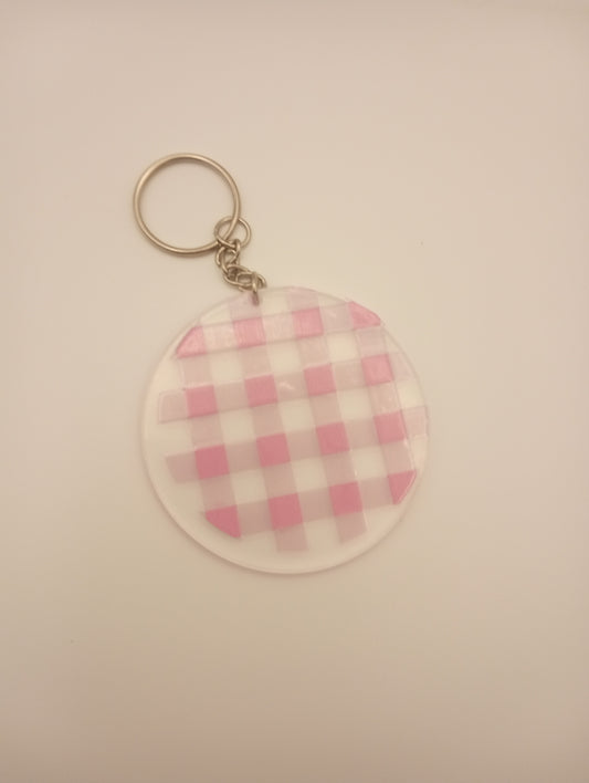 Pink Checker Round Keychain - Trendy Checkered Circle Design