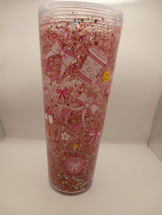 Bow Themed Snow globe Tumbler 24 oz  -Pink Glitter Travel cup