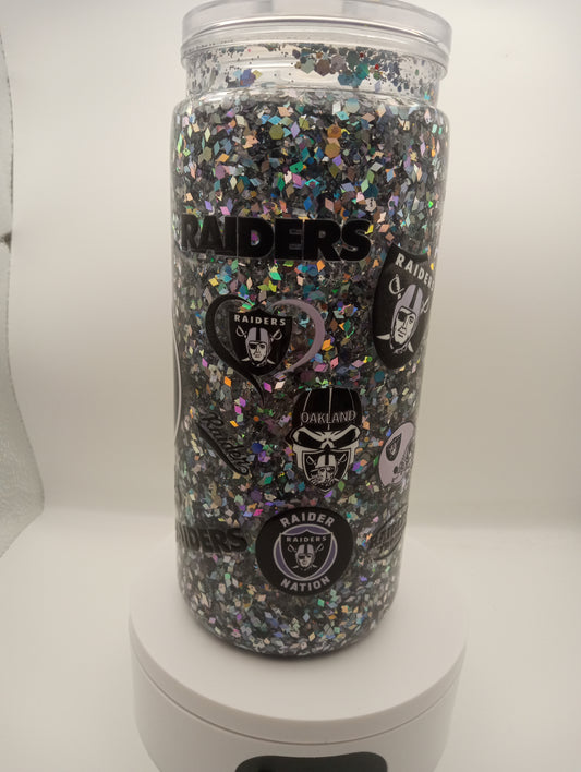 Raider Themed Snowglobe Tumbler 20oz - Black Silver Glitter Sports Cup